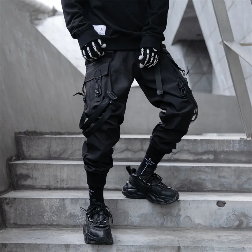 Niepce Matte Black Techwear Paratrooper Cargo Pants with Strap