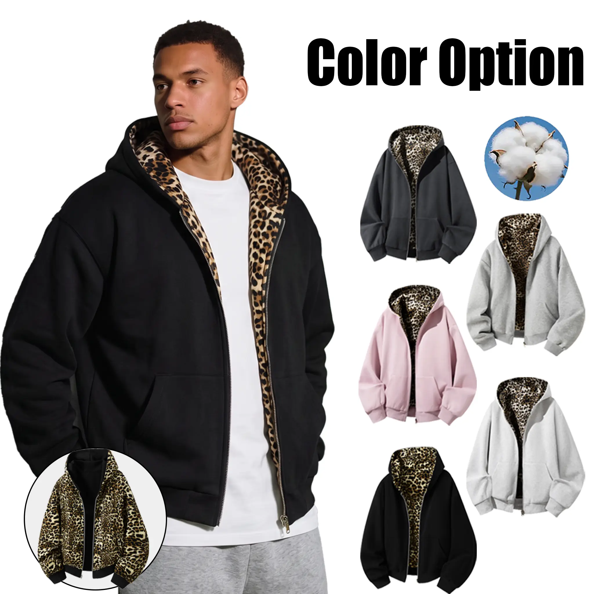 Unisex cotton zip-up hoodie sweatshirt with leopard lining, wearable on both sides; autumn/winter loose long-sleeve sports hooded top, retro street casual wear; menswear; suitable for everyday wear, commuting, and streetwear. fall clothes hoodies men