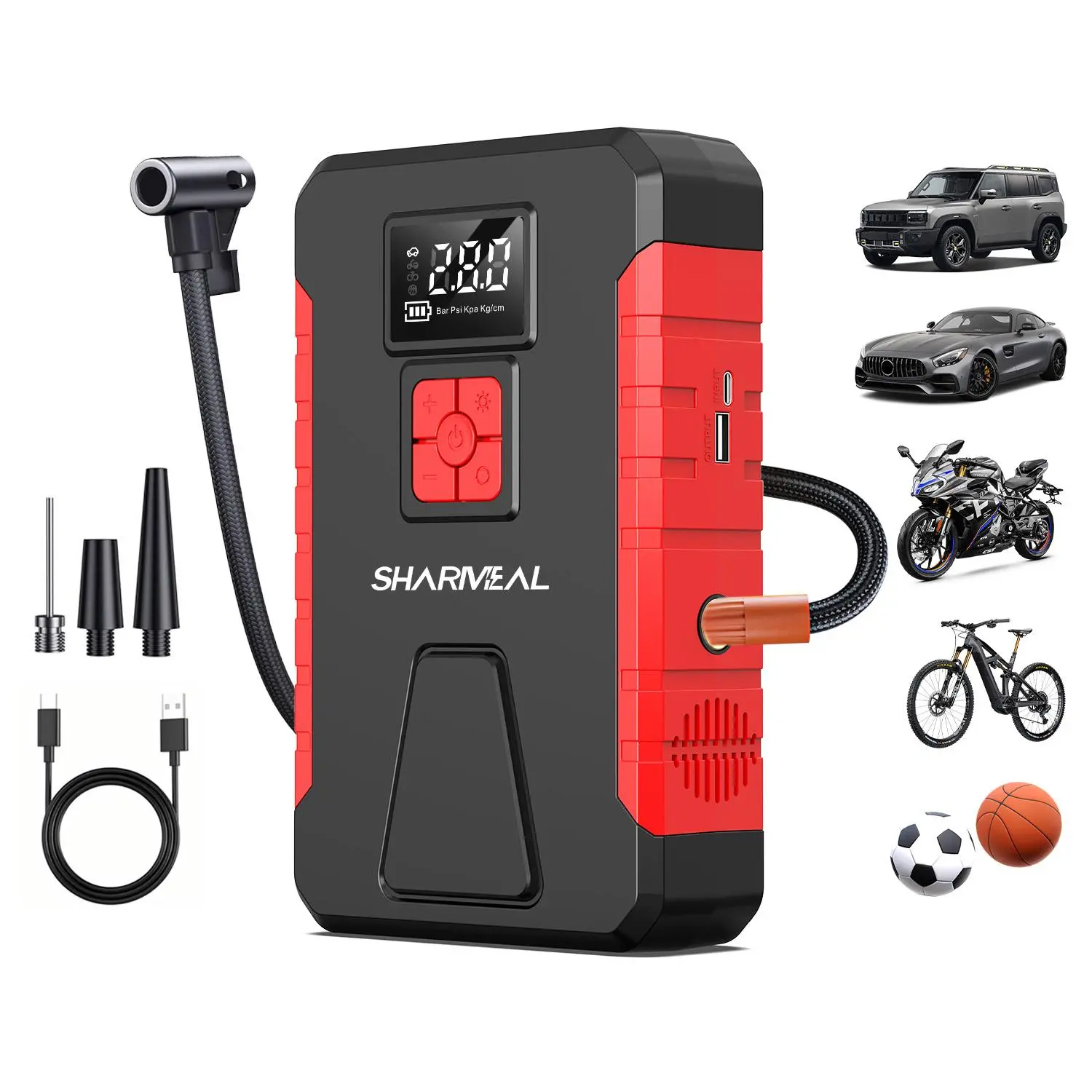 8000A SHARMEAL 5-in-1 Portable Car Jump Starter with 160PSI Tire Inflator 12V Battery Jump Starter for Gas & Diesel Engines USB Power Bank LED Emergency Light Auto Accessories