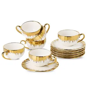 Luxury Style Coffee Cup & Saucer Set, 6/12pcs Vintage Kitchenware Coffee Cup & 6/12pcs Saucer, Dinnerware Coffee Mug & Saucer for Home Office Use, Vintage Glass Cup, Tea Cup, Beverage Cup Set