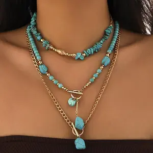 3pcs Vintage Western Turquoise Necklace Set - Elegant Gold-Tone Beaded Jewelry, Perfect Gift for Friends & Mom
