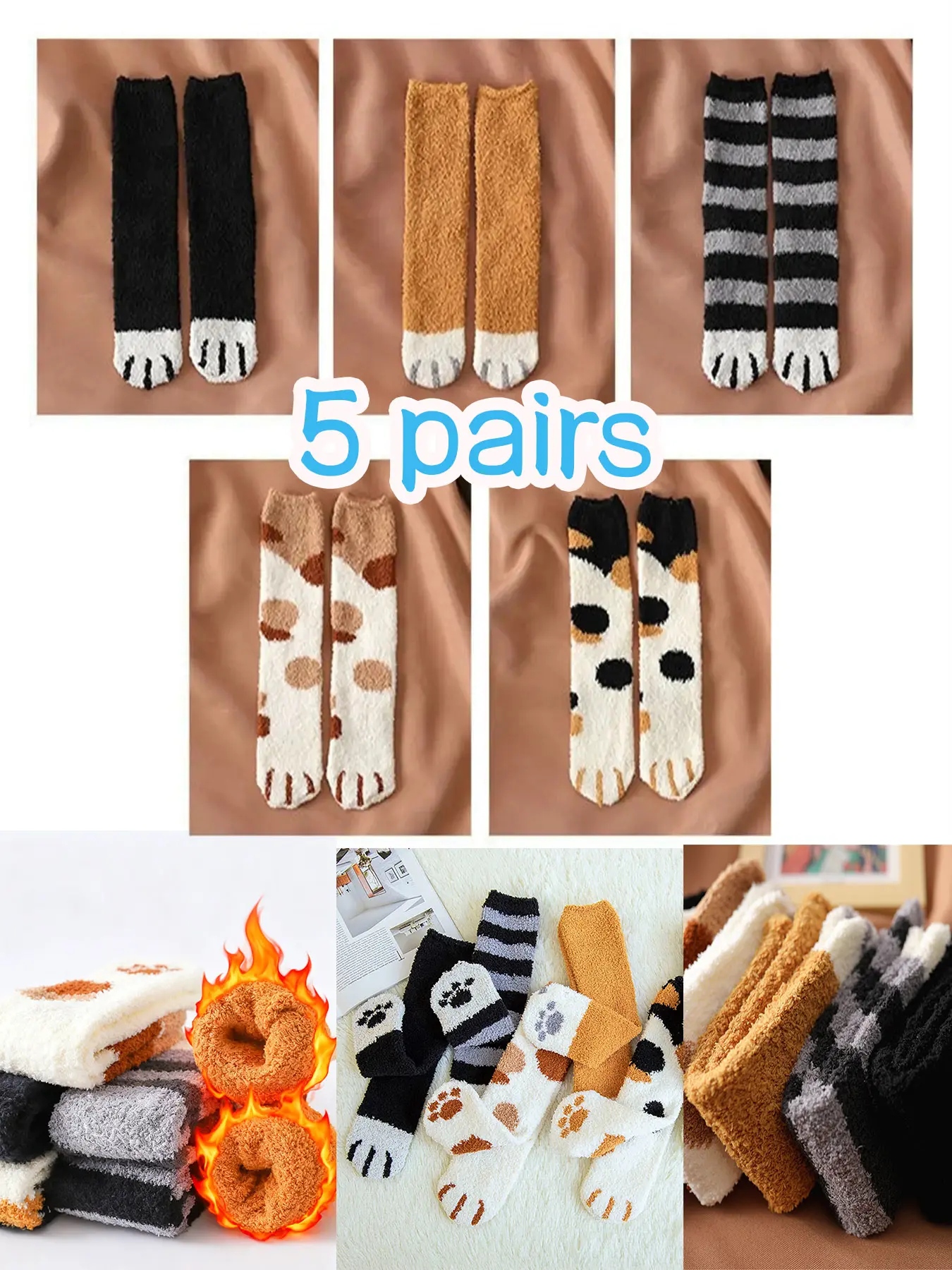 Women's 5 Pairs Cartoon Cat Paw Print Fuzzy Animal Socks, Casual Socks, Cute Playful Cozy Warm Midi-calf Floor Socks for Daily Home Wear, Women Socks for All Season, Cozy All Season Socks for Women Lady Girls, Womenswear, Socks Set