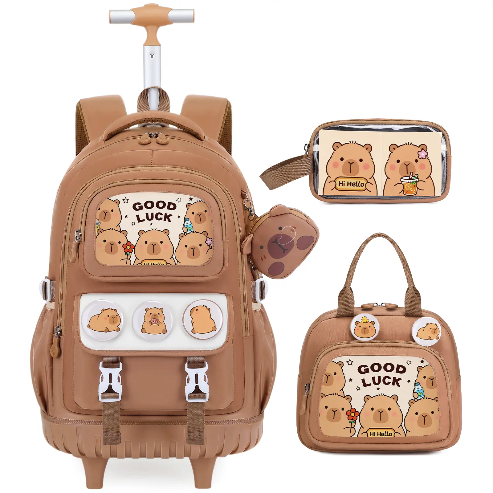 SIMILOVE Girls' 3-in-1 Kawaii Rolling Backpack Set (3PCS) - Back-to-School Tearproof Fabric Bag with Retractable Wheels, Built-in Org., Lunch Bag, Pencil Case, Organizer, L12.2in x W7in x H17.7in for Elementary Students