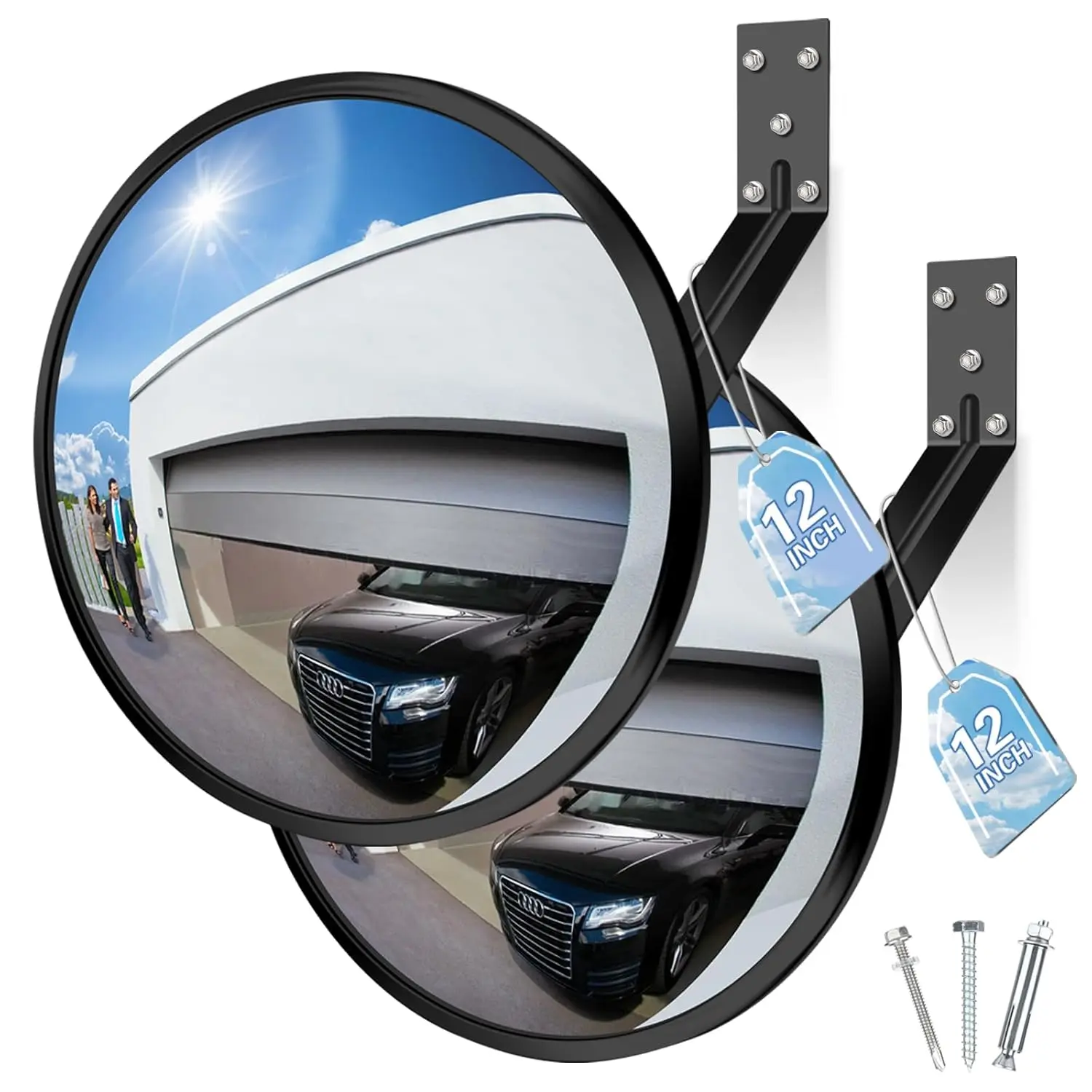 2 Pcs 12" Acrylic Convex Mirror - Adjustable Wide Angle View Security Traffic Mirror Indoor Outdoor, Wall Mounting Corner Blind Spot for Garage Warehouse, School, Store Safety and Office