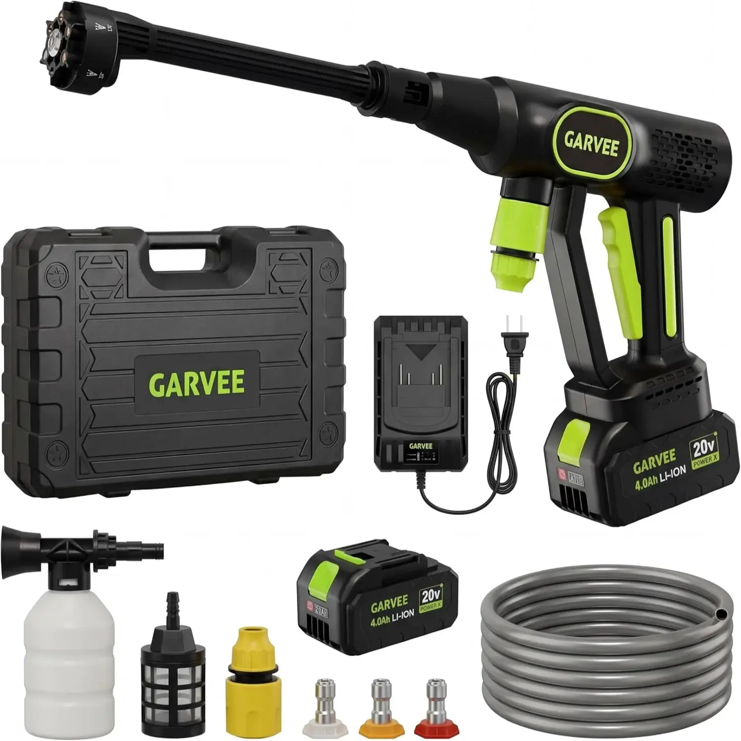 Garvee Portable Cordless Pressure Washer - 20V 4000mAh Batteries, 2.5 GPM, 320 PSI, 5-in-1 Multifunctional Nozzle, 26ft Reach, Handheld Grip, Car Patio Garden Cleaning Tool, 20V 4000Mah Battery