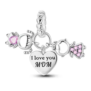 MULA 925 Sterling Silver Mother & Daughter Pendant | Heartfelt "I Love You Mom" Charm with Pink Zirconia | Fits Pandora Bracelets & Necklaces | Perfect Gift for Women & Girls