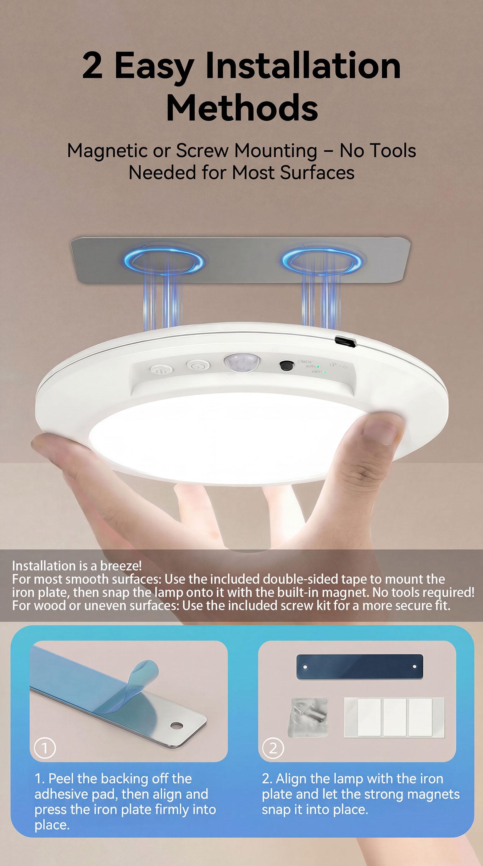 Rechargeable Motion Sensor Ceiling Lamp - Magnetic Wireless Remote-Controlled Battery-Powered Lighting Fixture, Easy-to-Install Indoor Room Lights for Closet, Stairs, Home Improvement Needs