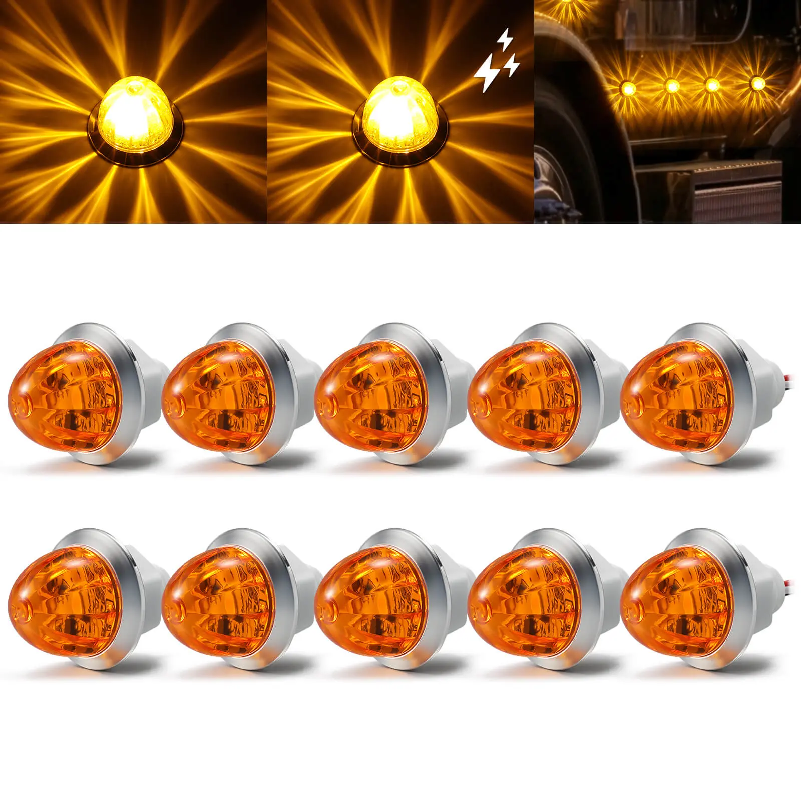 10PCS 3/4 Inch Amber LED Watermelon Side Marker Lights, Dual Function Strobe + Marker, Mini Clearance Lights with Starburst AS Lens, IP67 Waterproof, 12V 3 Wire for Truck Trailer RV Custom Install