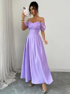 Elegant Lavender Off Shoulder Prom Dress with 3D Floral Detail Corset Waist Flowy Long A-Line Gown for Wedding Guest, Bridesmaid, Evening Party