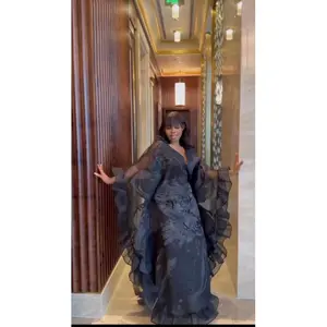 Black Brocade Kaftan Dress with Ruffles - Wedding Guest Outfit Mother of The Bride Outfit Birthday Party Dinner Anniversary Bridal Photoshoot Gala Cocktail Engagement Ceremony Black History Fashion Plus Size