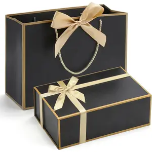 Black Gold Magnetic Gift Box Set 9.5x6x3" with Lid, Ribbon and Gift Bag for Gifts and Keepsakes