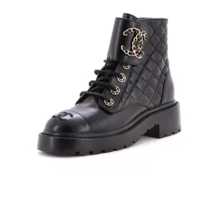 Pre-owned Chanel Women's Chain CC Cap Toe Lace Up Combat Boots Quilted Leather by Rebag