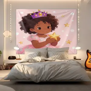 African American Black Princess Print Wall Tapestry, Cute Girly Sparkly Princess Aesthetic Wall Hanging for Girls Bedroom, Kids & Teen Dorm, Home Decor, Ideal as Birthday & Baby Shower Gift