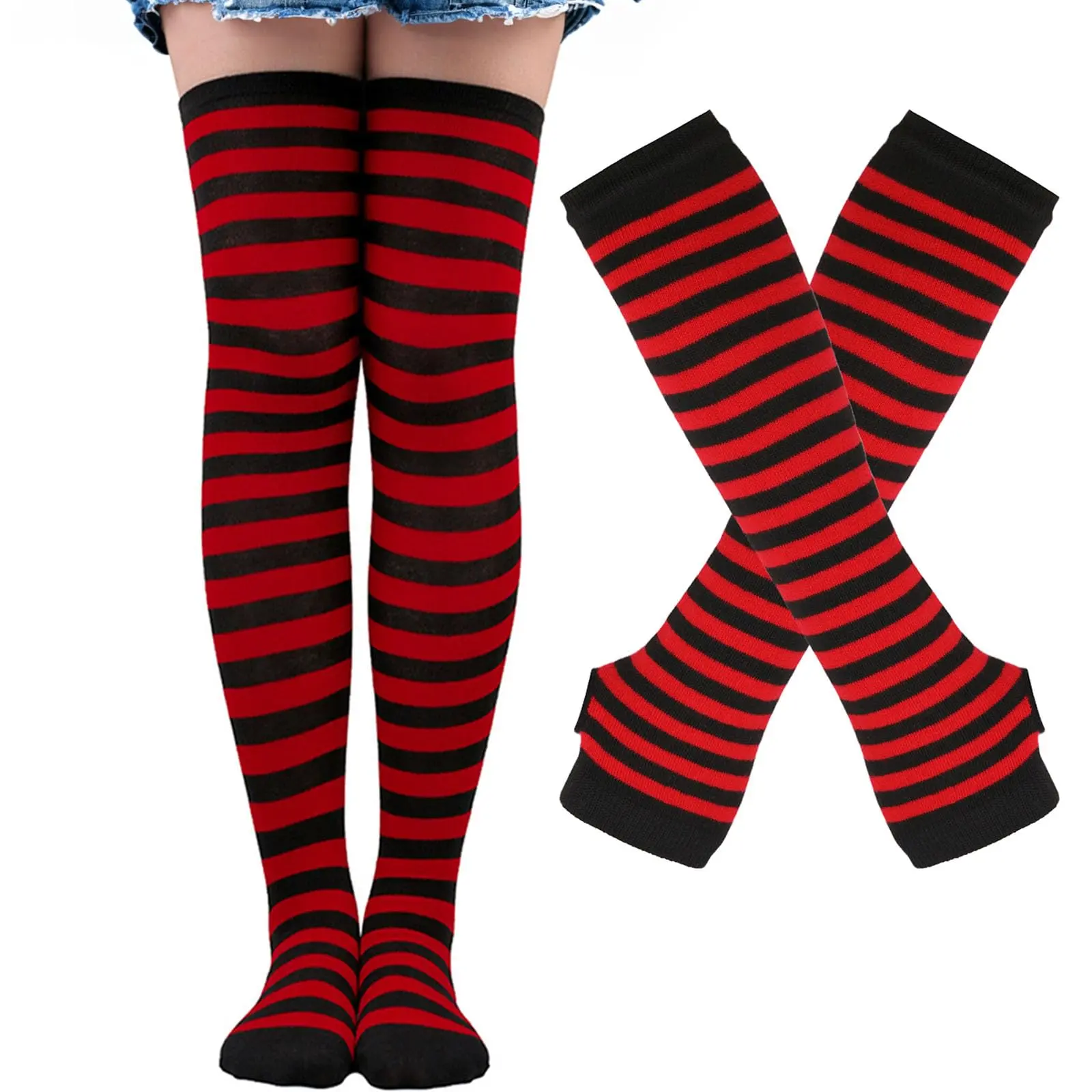 Black And White Striped Arm Leg Warmers Sleeves Set Rainbow Socks High Fingerless Gloves Hand Thigh Warm