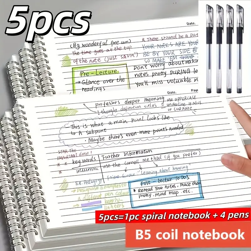 5-Piece Set Includes Spiral Notebook + 4 Pens, Office Stationery Supplies, College Essentials, Student Essentials, 60 Sheets 120 Pages High-Quality College Book, B5 Lined Thick Transparent Tear-Off Pages