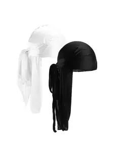 Silk Durag Headscarf Set, Elastic Wave Hairband with Long Tail, Breathable Polyester Satin Cap, Unisex Fitted Accessory for All Seasons, Hair Bonnets