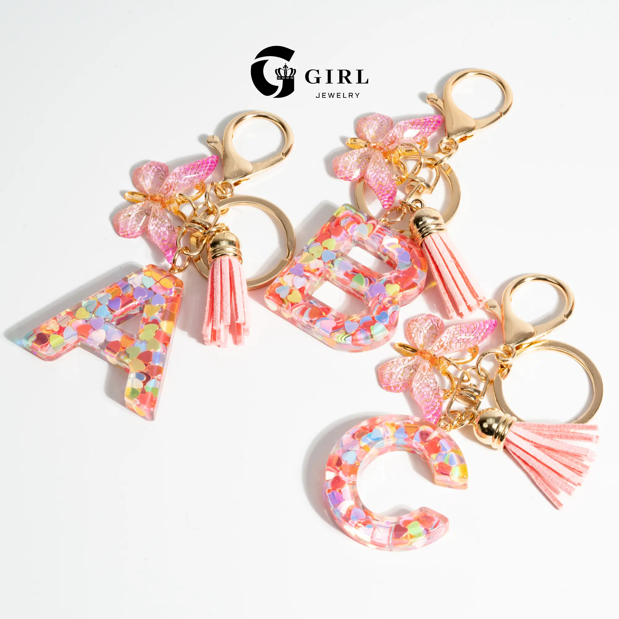 GGIRL 18K Gold Plated Plastic Resin Initial Letter A Keychain, Cute Butterfly & Tassel Design, Fashion Bag/Car Charm for Women, Fashion Jewelry Gifts for Holiday Birthdays Anniversaries, Cute Butterfly And Tassel Design