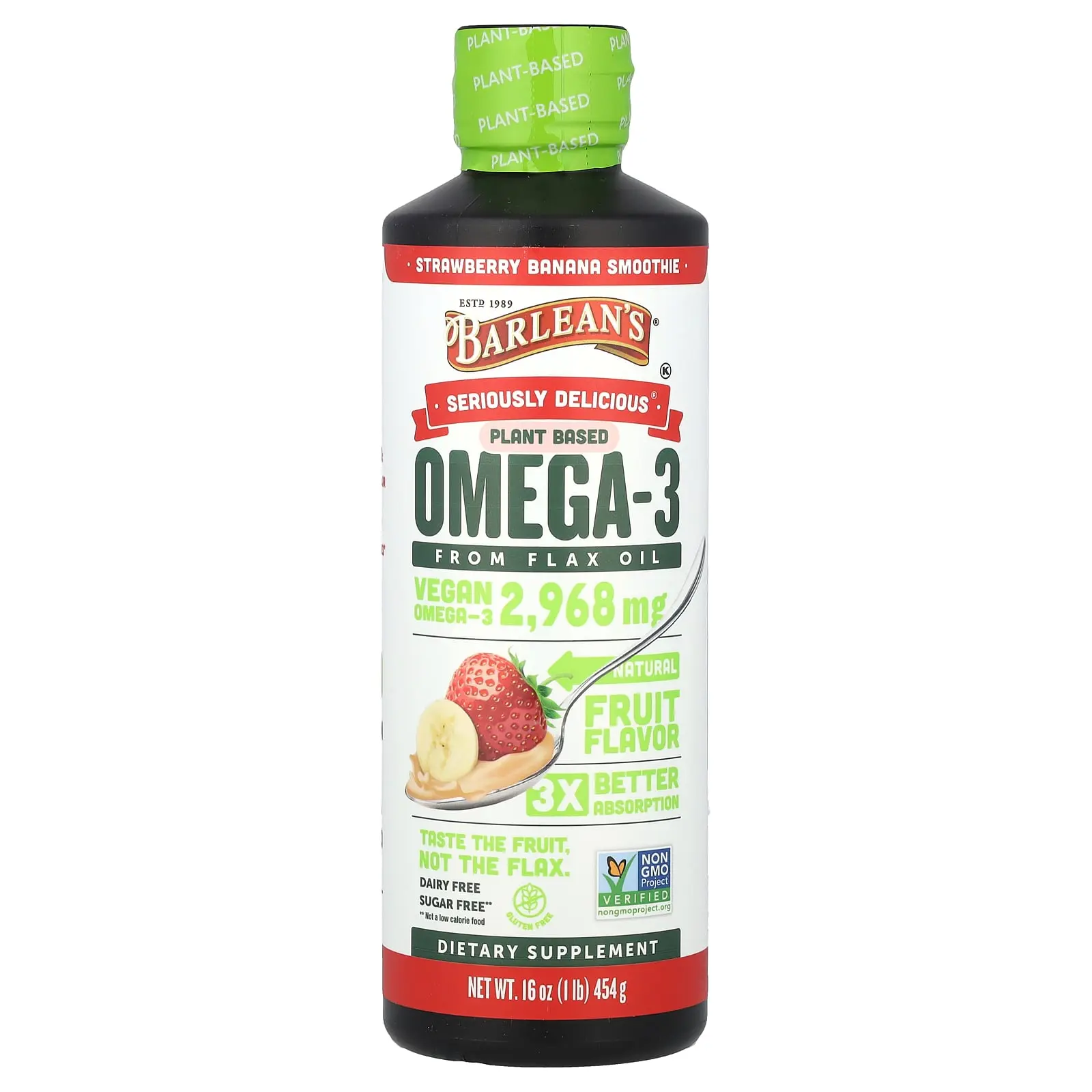 Barlean's Seriously Delicious®, Plant Based Omega-3 From Flax Oil, Strawberry Banana Smoothie, 16 oz (454 g)