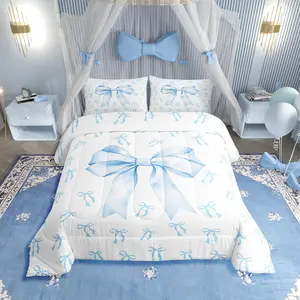 Kids Blue Bow Bedding Set for Girls Kawaii Simple Princess Comforter Set,Blue and White Bowknot Bedding Comforter Set Soft Comfy Light Weight