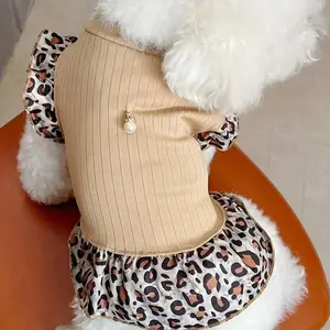 Cute Pet Princess Dress for Dogs & Cats, Leopard Print High Neck Design, Beaded Decoration, Perfect for Spring Autumn Winter Wear