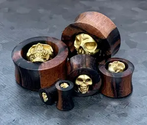 PAIR of Unique Brass Skull Organic Ebony Double Flare Wood Tunnels/Plugs - Gauges 9/16" (14mm) up to 1" (25mm)