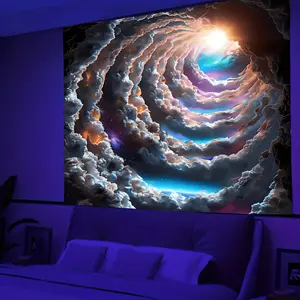 Dreamy Cloudscape UV-Reactive Tapestry, Vibrant Wall Hanging, Easy Care Polyester, for Bedroom & Living Room Decor