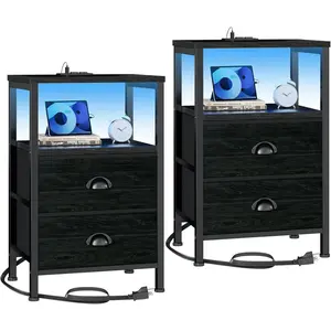 Nightstands Set of 2, End Tables with Charging Station and LED Lights, Black Night Stands with 2 Fabric Drawers, Bedside Tables Set of 2 for Living Room/Bedroom,Black Oak