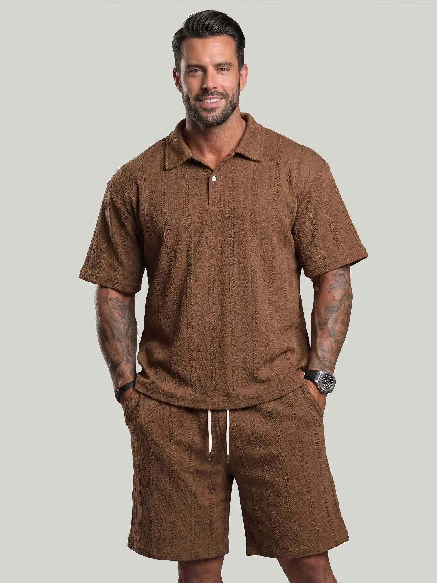 Men's KZZ Pink Textured 2-Piece Clothes Set - Vintage Short-Sleeve Polo Shirt, Baggy Shorts, Menswear Gym-Ready Athleisure Men's Clothing Set, Casual Streetwear Outfit