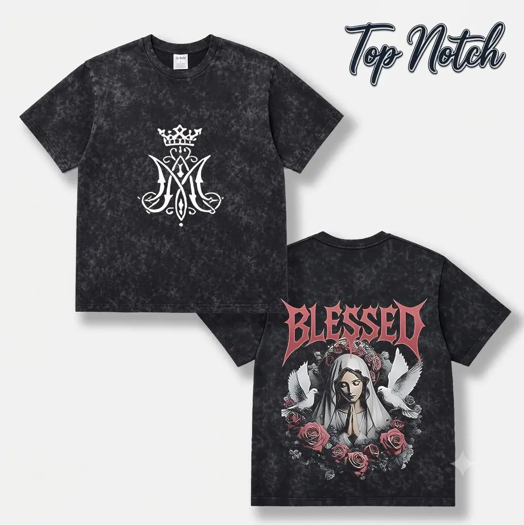 Unisex Women's Vintage Washed Short-Sleeve T-Shirt, Oversized Fitted Casual Style Christian Tee with Blessed Virgin Mary Graphic, Crown Monogram Print, Doves, Roses, Gothic Streetwear for Summer Gym (Polyester), Shortsleeve, Top, Tshirt