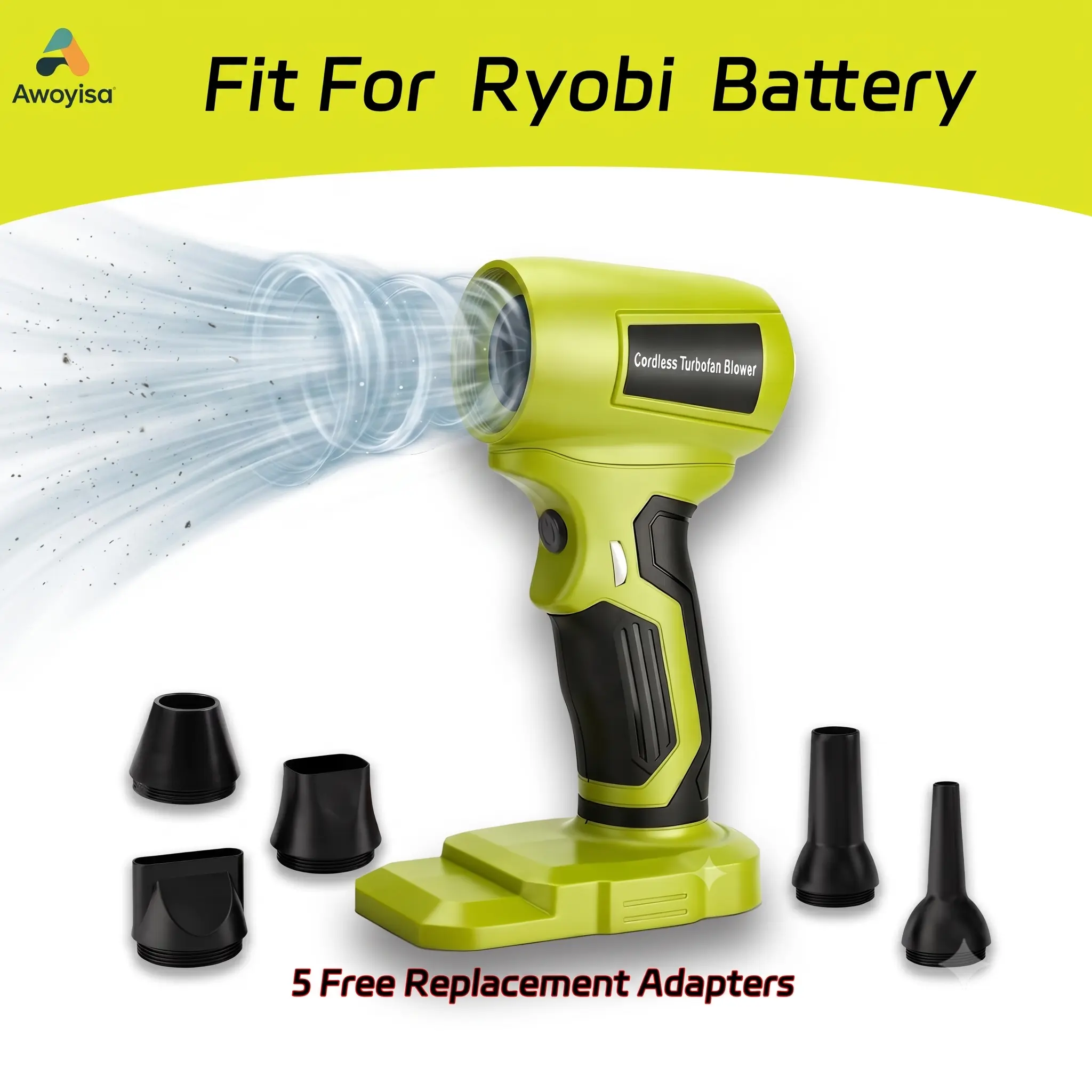 Awoyisa 210W (200W & Above) Brushless Mini Cordless Jet Blower, Ryobi 18V Battery Compatible Handheld Turbo Fan with 5 Specialized Nozzle Attachments & Back Suction Port for Car Drying, Leaf Cleanup (Battery Not Included)