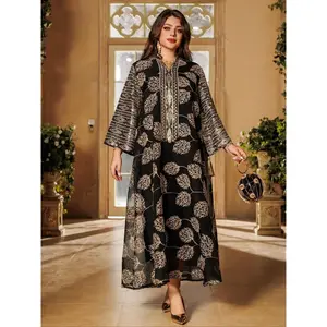 Women’s Embroidered Sequined Woven Islamic Dress, Elegant Long-Sleeve Arabic Clothing for Parties, Holidays, and Wedding Guests, Ladies’ Spring & Autumn Apparel