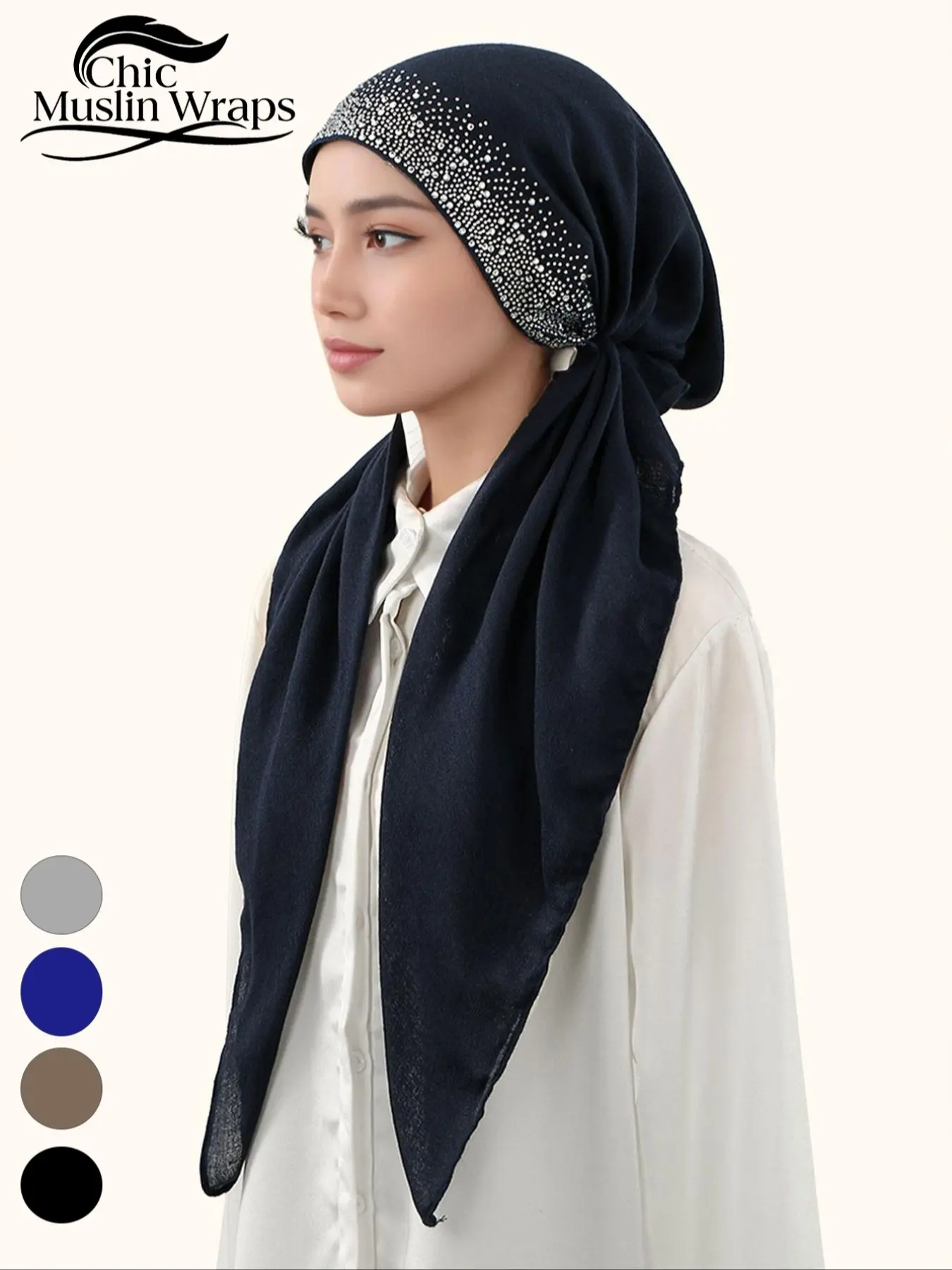 Women's Breathable Rhinestone Design Elegant Turban Hijab Scarf, Head Scarf, Soft & Comfortable Jersey Material, Perfect for Daily Wear & Various Occasions