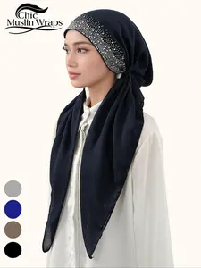 Women's Breathable Rhinestone Design Turban Hijab Scarf, Soft & Comfortable Jersey Material, Perfect for Daily Wear & Various Occasions