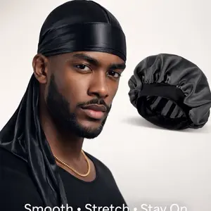 Men's 3-Piece Silk Satin Durag and Bonnet Set, Beauty Products for Haircare, Breathable Sleep Cap, Curly Hair Frizz Control, Moisture Retention, Heatless Protection for All Hair Types (Bonnet Silk Included)