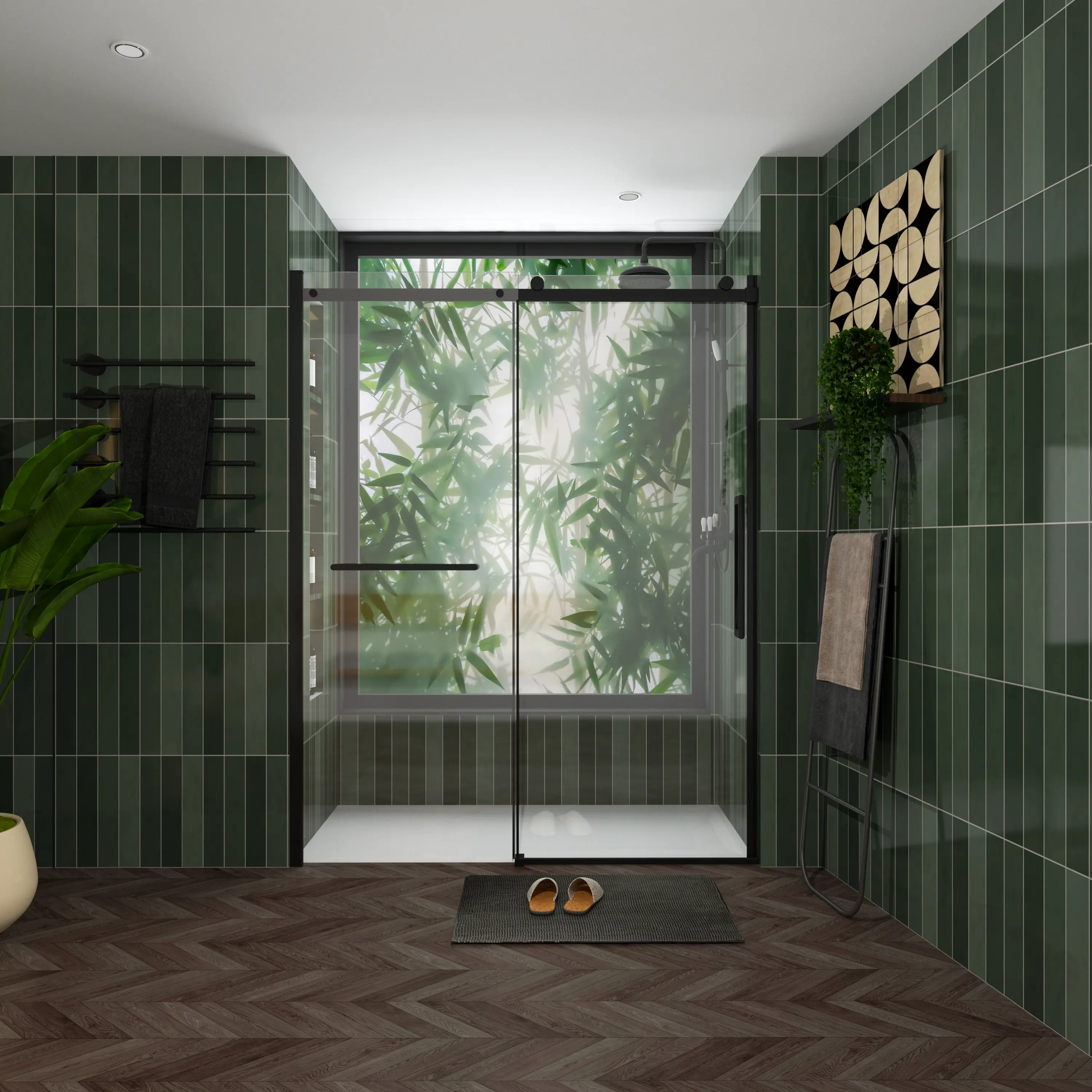 Modern Frameless Tempered Glass Sliding Bathroom Door (YYDS S-RM6076TB) - 48-60 in W x 76 in H Adjustable Aluminium Shower Door, Matte Black Hardware, Towel Bar, Handle, Quiet Operation, Easy Clean Sleek Design