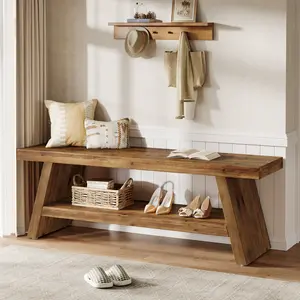 LITTLE TREE 2-Tier Entryway Bench, Hallway Foyer Solid Wood Seating with Open Shelves, Wooden Shoe Bench Indoor for Entryway, Living Room, Bedroom