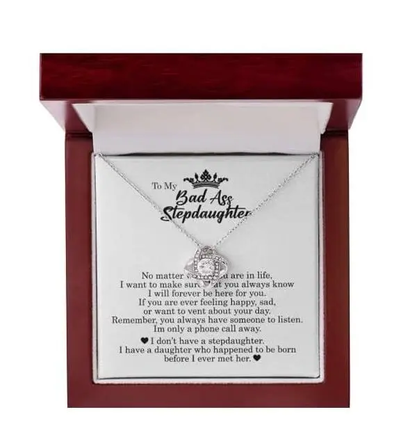 To My Bad Ass Step Daughter Love Knot Necklace With Jewelry Card - Gifts For Stepdaughter From Stepmom Stepdad