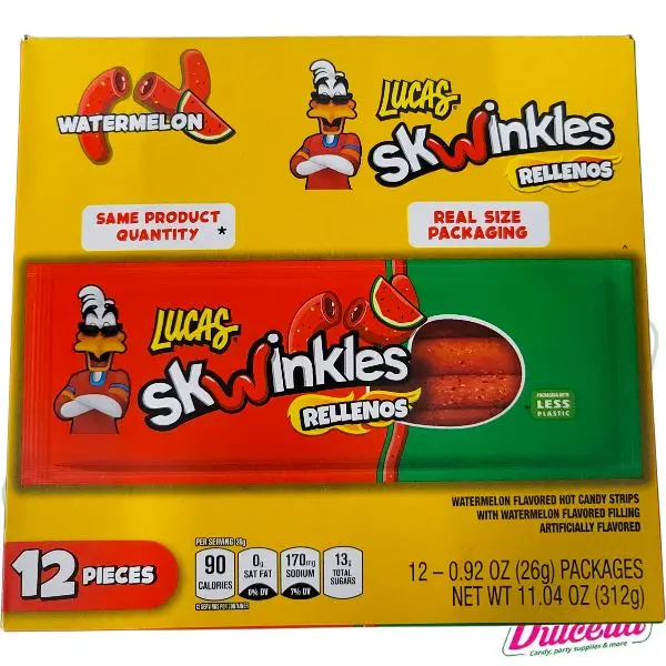 Lucas SkWinkles Rellenos Watermelon Flavored Hot Candy Strips 12 Pieces 11.04 oz Real Size Packaging