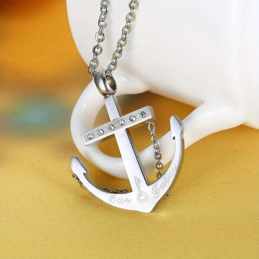 2-Piece Unisex Stainless Steel Anchor Necklace Set, Elegant Geometric Pendants, Fade-Resistant Costume Jewelry, Casual Wear, Anniversary Gift, Silvery