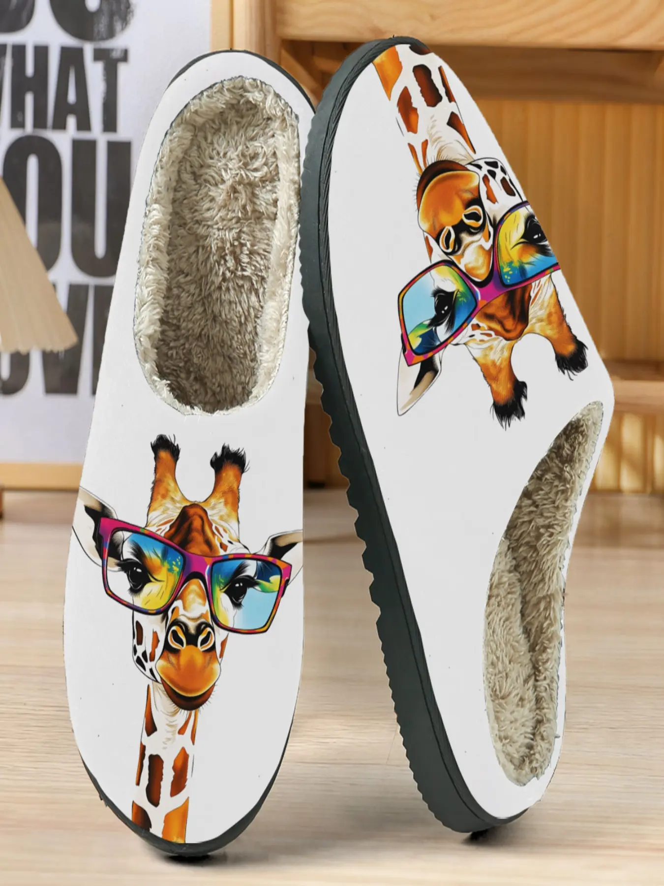 Trendy Giraffe Cotton Slippers, Plush Lining Warm Feet, Fun Colorful Glasses Design, Casual Home Wear, Fall & Winter