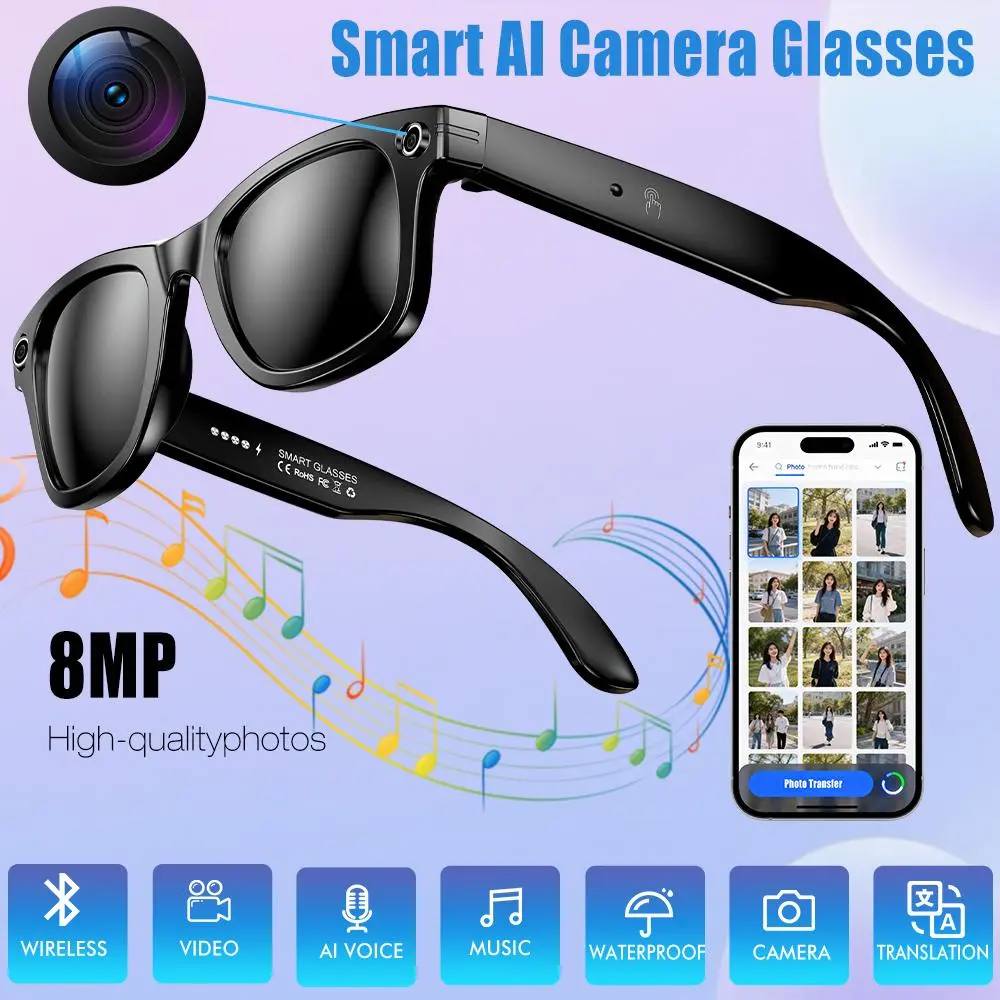【DealsForYou】Smart AI camera glasses with 8MP photochromic lenses. Touch control, designed for travel and outdoor use. Enable hands-free photos/video, real-time translation for 160+ languages, and provide UV protection.AI Interaction