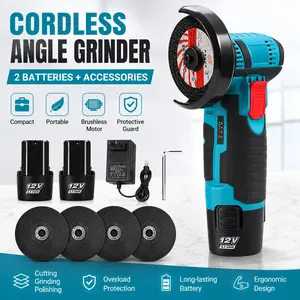 12V Cordless Mini Brushless Angle Grinder Kit with 4 Gutting Blades,2 pcs 12V 1300mAh Batteries，for Cutting Grinding Polishing Electric Heavy Duty Handle Power Tools fathersdaygift