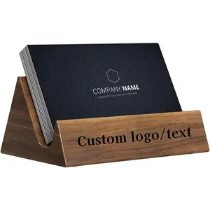 Custom Personalized Business Card Holder - Walnut Wood Box with Printed Logo/Text for Men & Women Gift Ideal for Business Offices & Meetings Corporate Work Desk Accessories Table Organizers