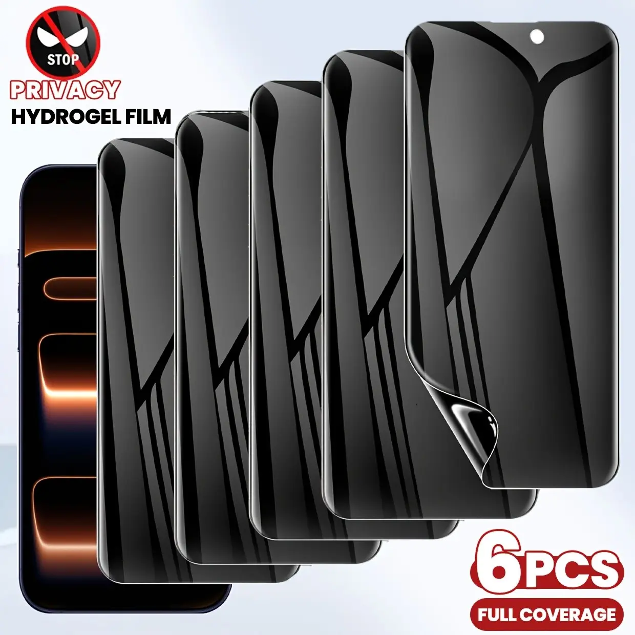 6 pcs Anti-Spy Privacy Protective Hydrogel Film For iPhone 17/17 Pro Max/17 Pro/Air/17e/16/16 Pro/16e/15/15 Pro Max/14/Plus/13/12/11/Pro/Max Screen Protector On iPhone X/XS/XS MAX/XR Soft Hydrogel Screen Protector Film