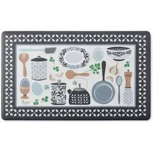 Kitchen Mat with Kitchen Utensils Design, Anti-Fatigue Cushioned Floor Mat, Decorative Border Pattern