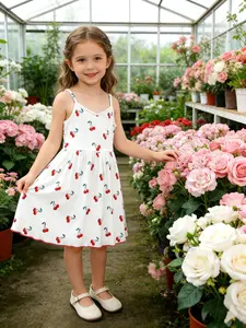 Adorable Cherry Print Detail! Baby V-Neck Cinched Waist Cami Dress, Ultimate Summer Vibe📸