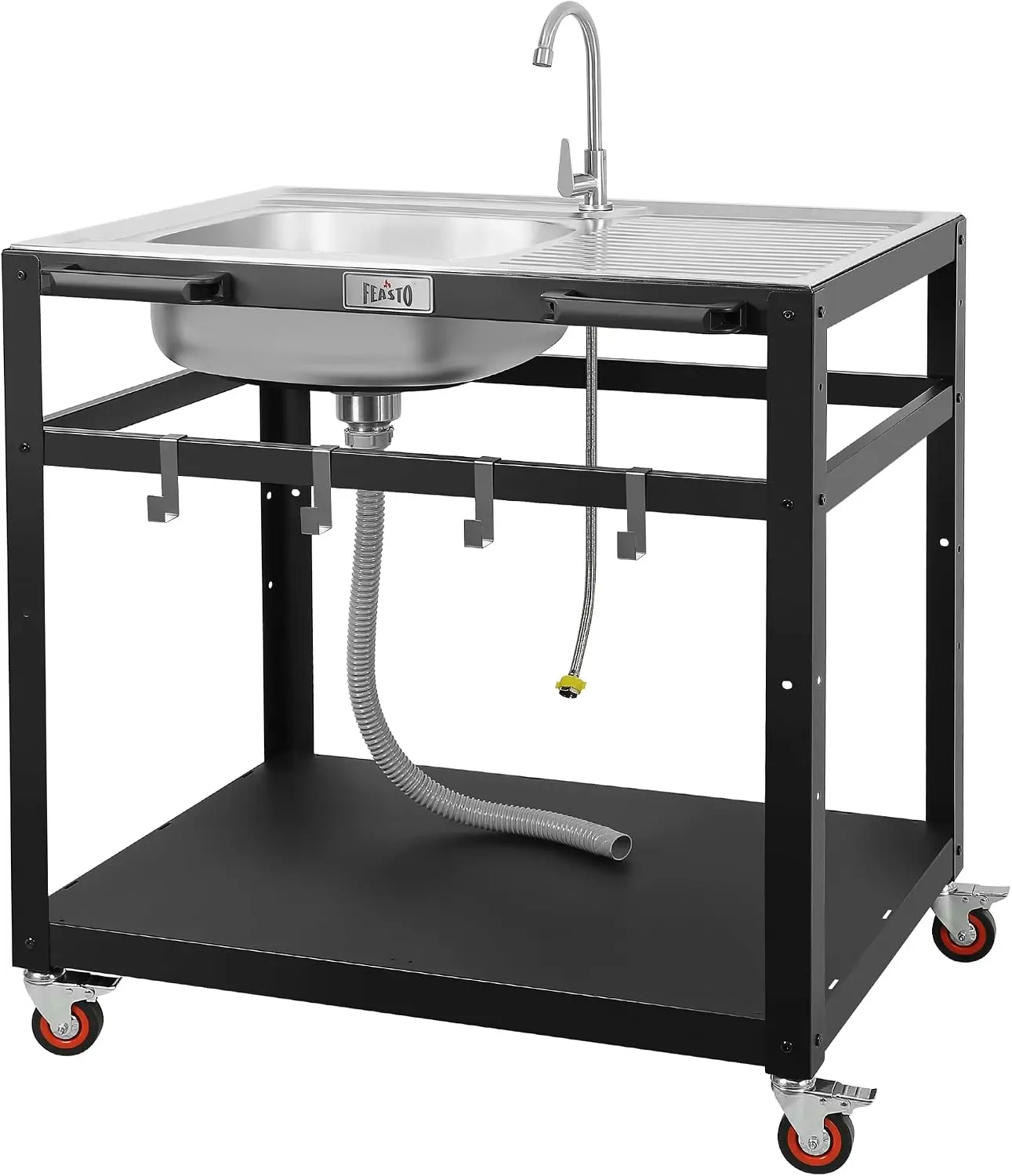 Feasto 35" Movable Outdoor Grill Cart with Stainless Steel Sink & Faucet | Rolling BBQ Prep Table with Faucet, Storage Shelves and Lockable Wheels for Patio, Backyard and Outdoor Cooking