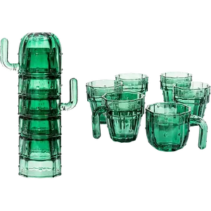 Cactus Stackable Glasses, Stacktus Gifts, Set of 6-10 oz Cactus Shape Glasses With Handles Green Glass Blown Figurines Plant Decorations for Parties 3.5" H 5" W - Copyright Design, Patent Pending