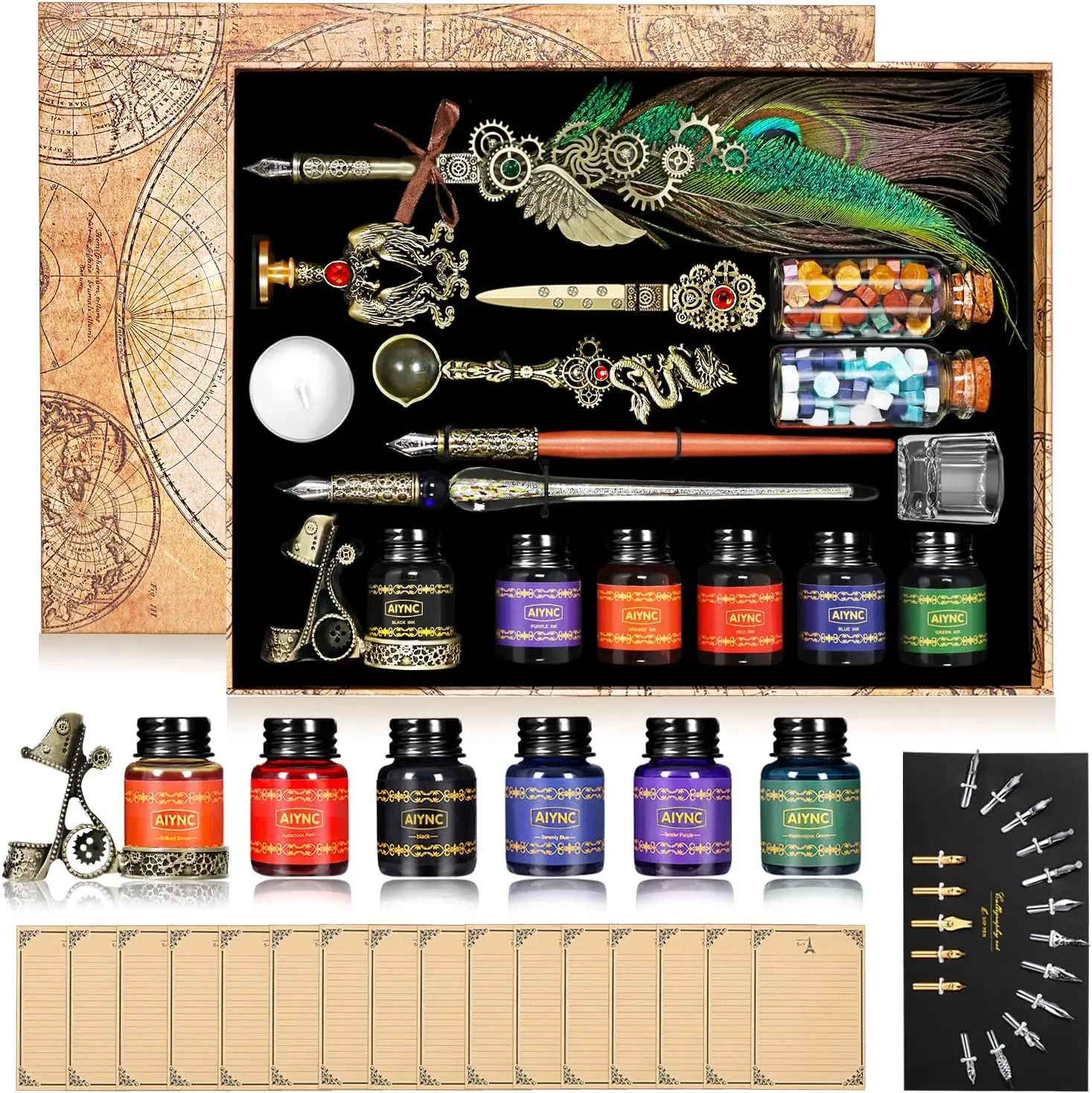 Full Vintage Feather Dip Pen Gift Box, Steampunk Star Sparkle Quill Calligraphy Kit with Complete Wax Melting Tools, Antique Lined Papers Multi Color Ink, Ideal Holiday Gift for Craft Lovers Students Writers