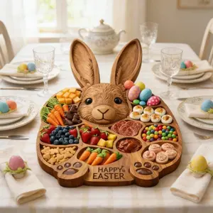 Easter Bunny Wooden Platter, Cute Rabbit Shape Tray with Dividers, Perfect for Easter Party Centerpiece, Holiday Snacks, Kitchen Table Decor